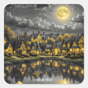Sticker Carré Imaginaire Cute Night Lake Moon