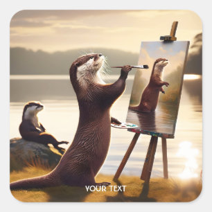 Sticker Carré Imaginaire Cute Otter Peinture Portrait
