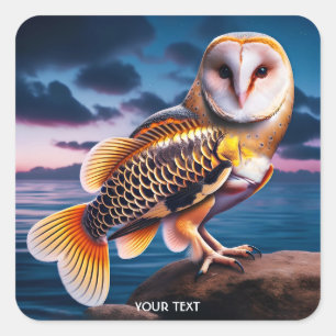 Sticker Carré Imaginaire Cute Owl Fish Sea