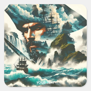 Sticker Carré Imaginaire Cute Pirate Ship Océan
