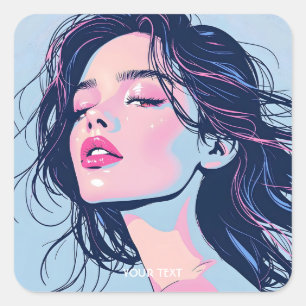 Sticker Carré Imaginaire jolie fille rose bleue rose