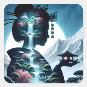 Sticker Carré Imaginaire jolie Japonaise paysage fille japonaise