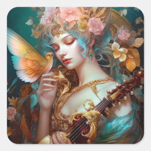 Sticker Carré Imaginaire Lady Avec Lute & Butterfly Bird