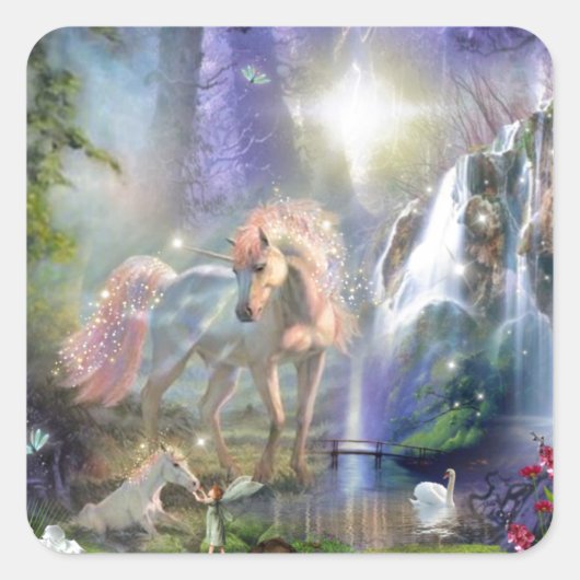 Sticker Carré Imaginaire Mère Unicorne et bébé dans un jardin de (Devant)