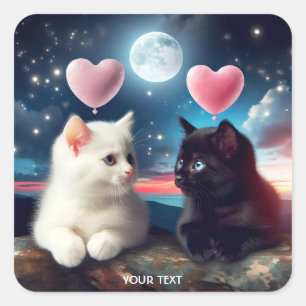 Sticker Carré Imaginaire mignon Deux chatons Coeurs