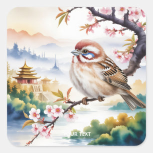 Sticker Carré Imaginaire mignon Fleur d'oiseau chinois