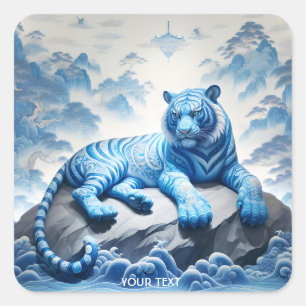 Sticker Carré Imaginaire mignon Tigre bleu chinois
