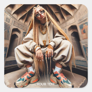 Sticker Carré Imaginaire mignonne fille cheveux longs