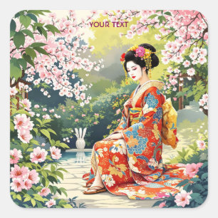 Sticker Carré Imaginaire mignonne fille Kimono Sakura