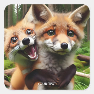 Sticker Carré Imaginaire Mignonne Forêt de Deux Foxes