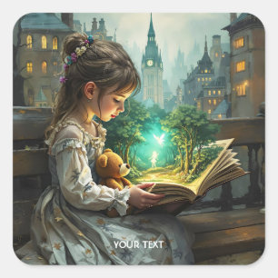 Sticker Carré Imaginaire mignonne jeune fille lecture