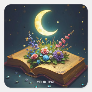Sticker Carré Imaginaire Mignonne Lune Livre Fleurs