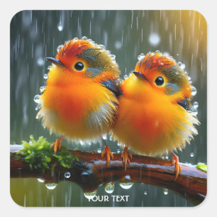 Sticker Carré Imaginaire Mignonne Orange Oiseaux Pluie