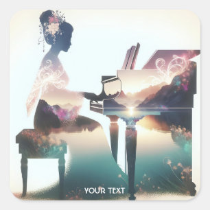 Sticker Carré Imaginaire mignonne Pastel Piano Girl