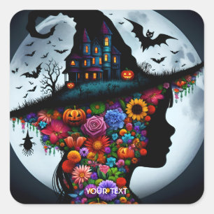 Sticker Carré Imaginaire mignonne sorcière fille Halloween
