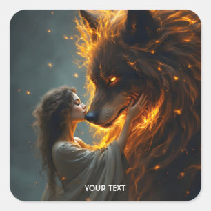 Sticker Carré Imaginaire Mignonne Wolf Feu de fille