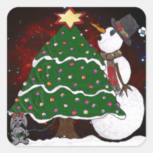 Sticker Carré Impression d'art Surprise Bonhomme de Neige Arbre