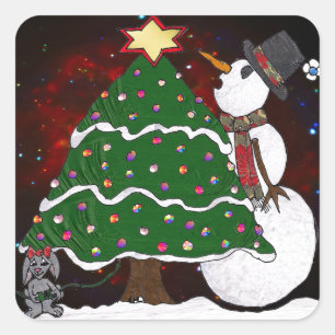 Sticker Carré Impression d'art Surprise Bonhomme de Neige Arbre 