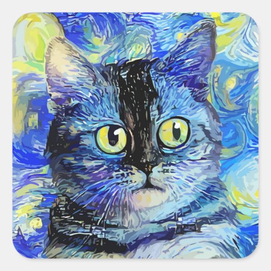 Sticker Carré Impressionniste Starry Night Tabby Cat Portrait (Devant)
