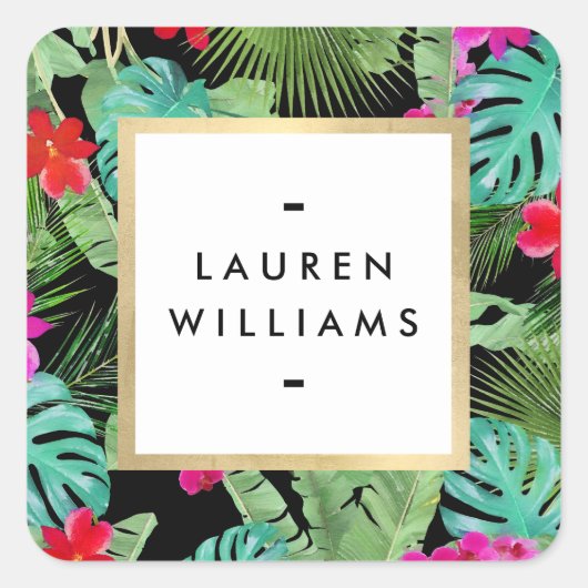 Sticker Carré Imprimé Tropical Chic Designer Aquarelle Noir (Devant)