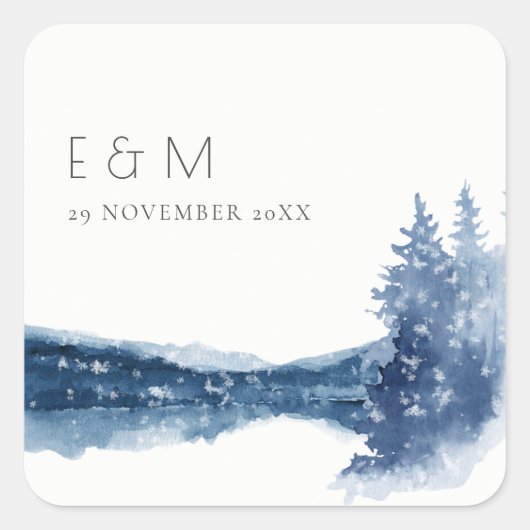 STICKER CARRÉ INDIGO INK BLUE MOUNTAIN LAKE MARIAGE MONOGRAMME (Devant)