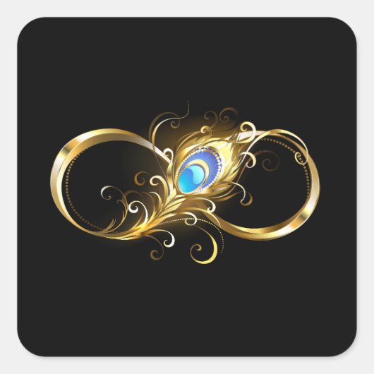 Sticker Carré Infinité avec plume de paon doré (Devant)