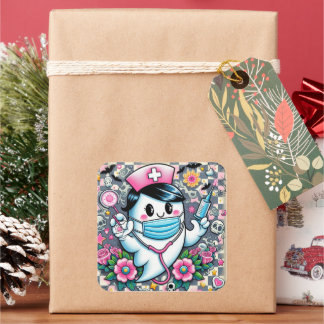 Sticker Carré Infirmière fantôme d'Halloween avec masque et seri