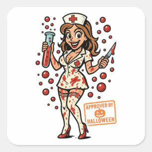 Sticker Carré Infirmière Halloween - Caricature Déplaisante