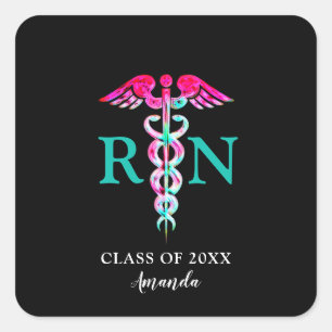 Sticker Carré Infirmière inscrite Diplôme Pink Turquoise Caduceu