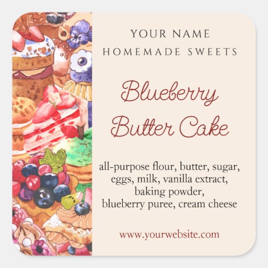 Sticker Carré Ingrédients de produits de boulangerie élégants et (Devant)