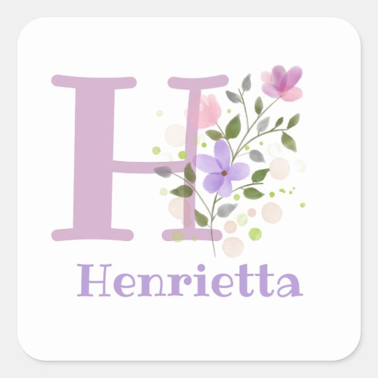 Sticker Carré Initial Plus Nom Henrietta & Flowers Design (Devant)