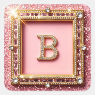 Sticker Carré Initiale Diamant B Paillettes Roses Cadre Or Monog
