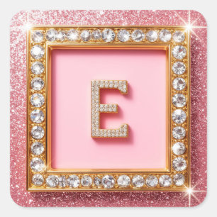 Sticker Carré Initiale Diamant E Cadre Doré Fond Pailleté Rose M