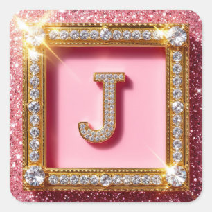 Sticker Carré Initiale Diamant J Paillettes Roses Cadre Or Monog