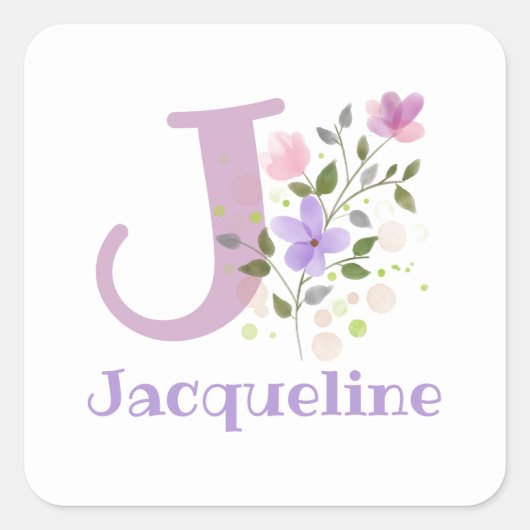 Sticker Carré Initiale J Plus Nom Jacqueline & Fleurs Design (Devant)