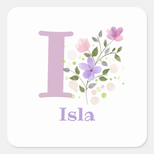 Sticker Carré Initiale Plus Nom Isla & Flowers Design (Devant)