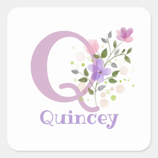 Sticker Carré Initiale Plus Nom Quincey & Fleurs Design (Devant)