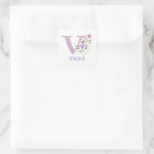 Sticker Carré Initiale Plus Nom Violet & Fleurs Design (Sac)