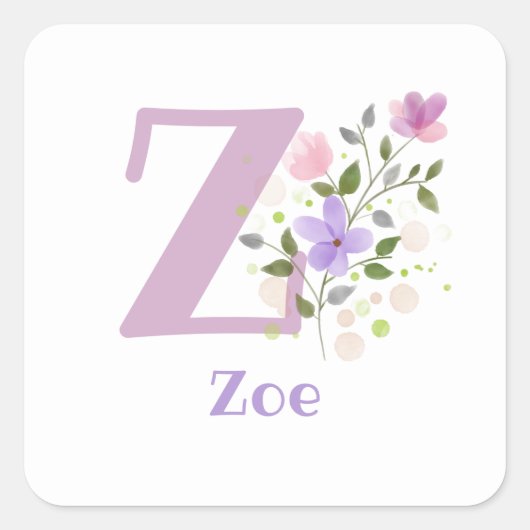 Sticker Carré Initiale Plus Nom Zoe & Fleurs Design (Devant)