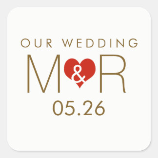 Sticker Carré initiales avec coeur d'amour rouge, notre mariage