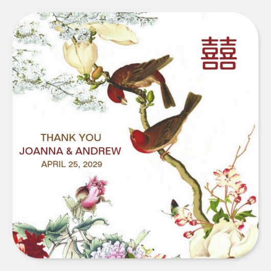 Sticker Carré Inséparables et fleurs Merci Mariage chinois © (Devant)