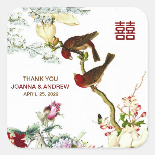 Sticker Carré Inséparables et fleurs Merci Mariage chinois ©
