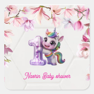 Sticker Carré Invitation à une baby shower avec licorne 