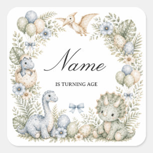 Sticker Carré Invitation d'anniversaire dinosaure aquarelle bleu