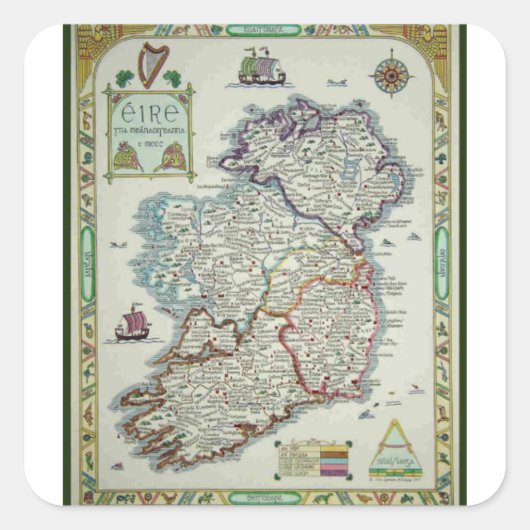 Sticker Carré Ireland Map - Irish Eire Erin Historic Map (Devant)