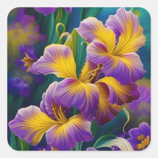 Sticker Carré Iris Floral Violet et bleu or feuilles (Devant)
