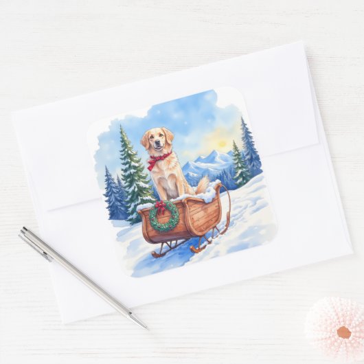 Sticker Carré Irish Setter Enjoying Christmas Sleigh Ride Winter (Enveloppe)
