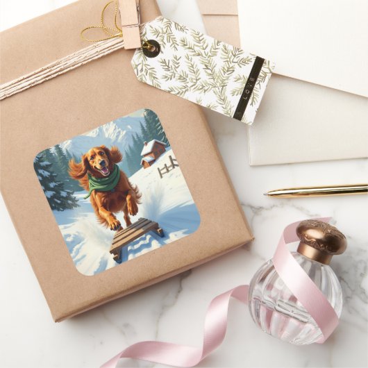 Sticker Carré Irish Setter Sledding Adventure Christmas Painting (Cadeaux)