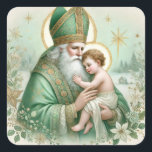 Sticker Carré Irish St Patrick bébé Jesus Floral Christmas<br><div class="desc">Cet autocollant de Noël pastel magnifiquement travaillé présente St. Patrick tenant le bébé Jésus, entouré de délicats flocons de neige aux fleurs blanches et vertes. Habillé de peignoirs verts traditionnels de l'évêque avec des détails dorés, St. Patrick berce le Saint-nourrisson dans une scène hivernale sereine, symbolisant l'amour et la joie...</div>