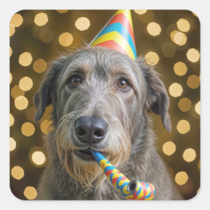 Sticker Carré Irish Wolfhound chien d'anniversaire avec chapeau